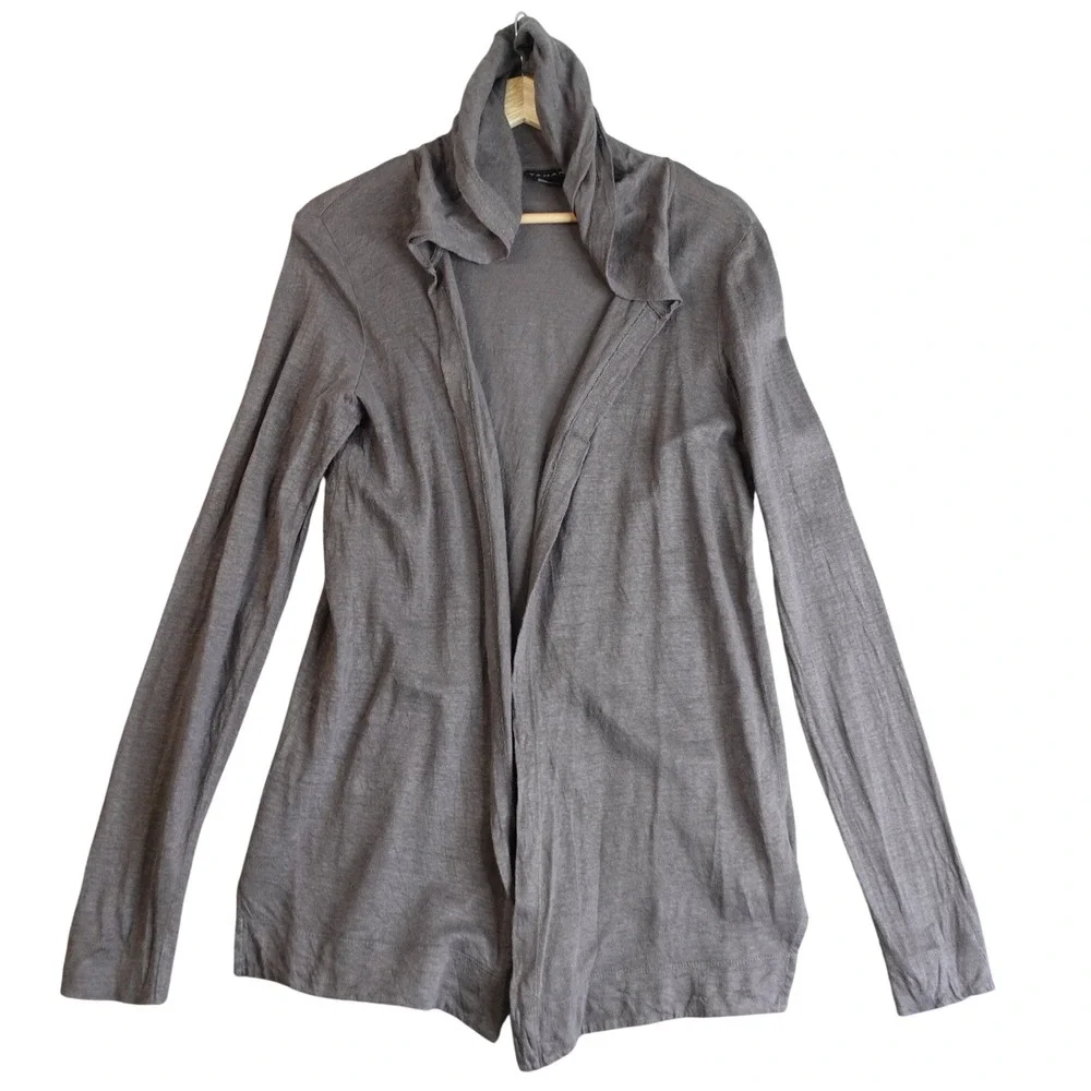 Tahari 100% Linen Open Front Hooded Cardigan Womens M Gray Beachy Light Cover Up